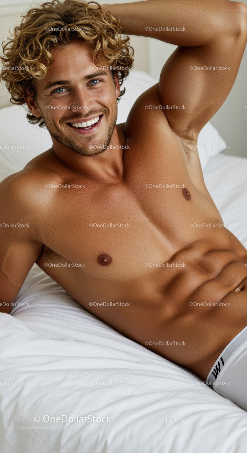 Smiling muscular man relaxing in white bed