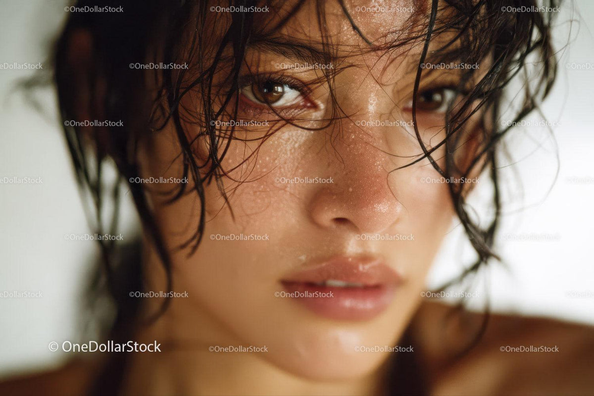 Young Woman with Wet Hair and Intense Gaze in Natural Lighting