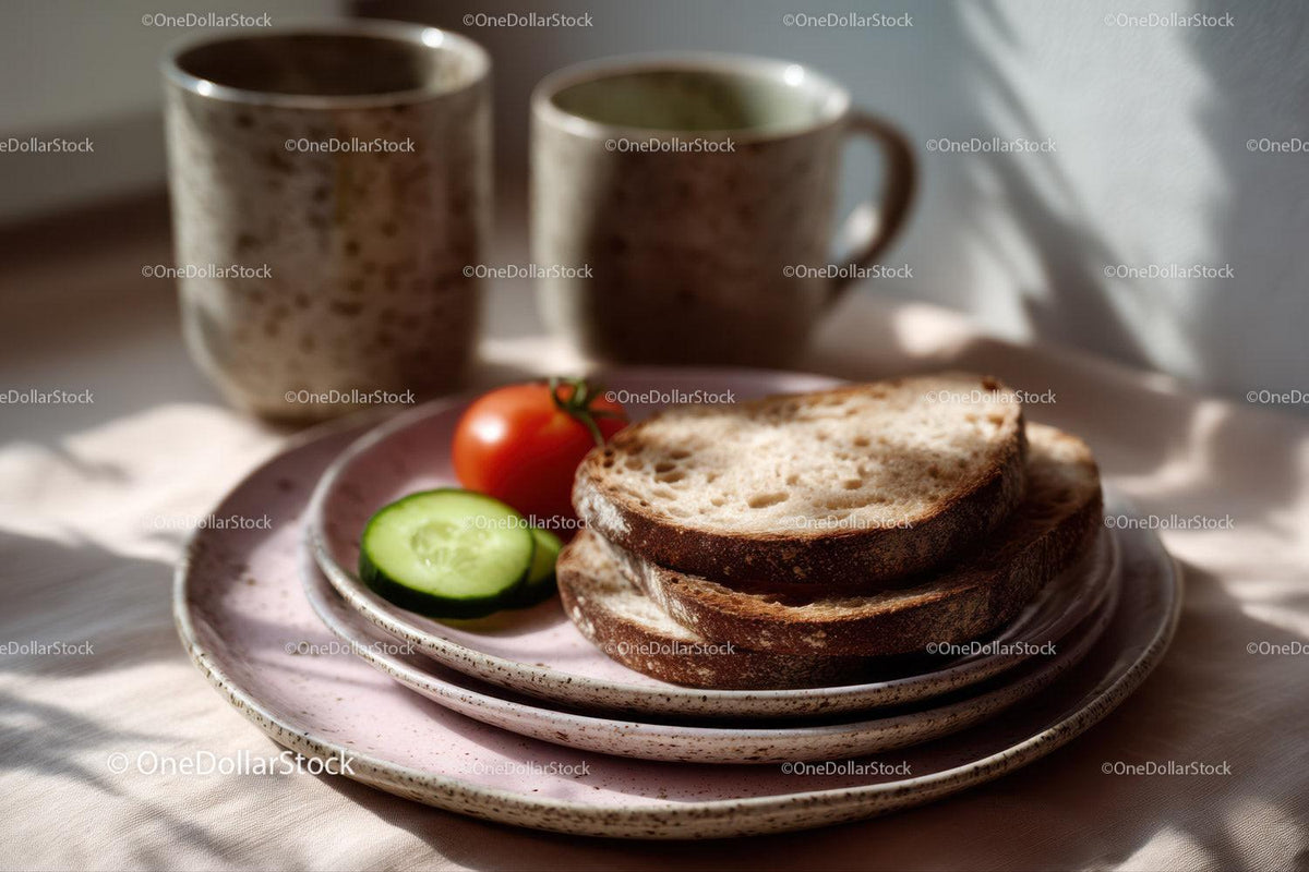 Rustic Bread Slices with Tomato and Cucumber on Breakfast Plate