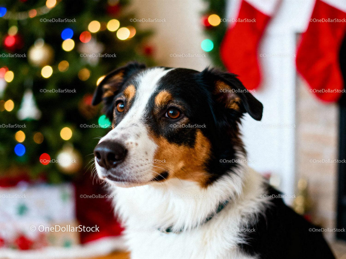 Thoughtful dog sitting by festive Christmas decorations