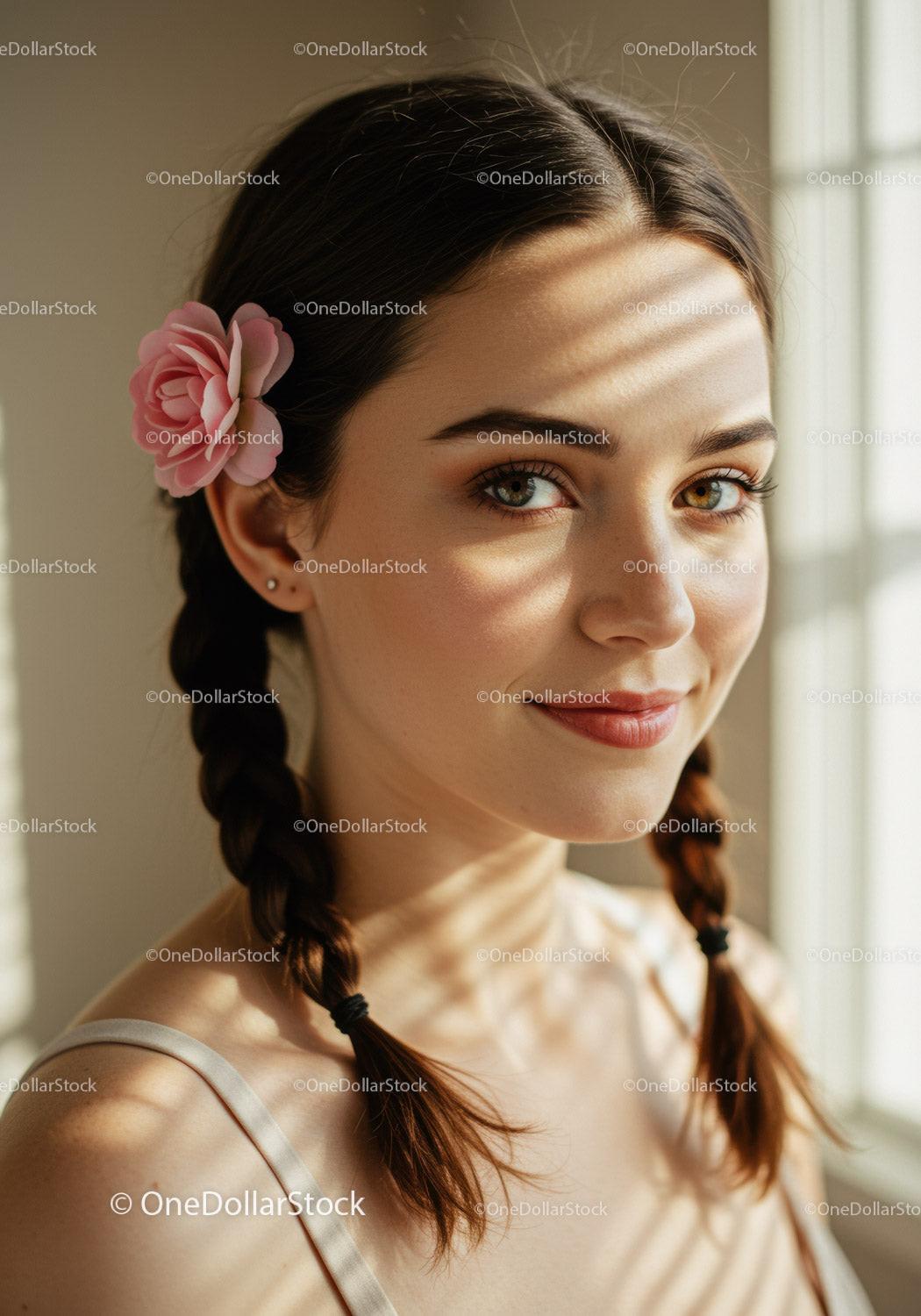 Portrait of a Young Woman with Pink Flower Hair Accessory and Bright Sunlight