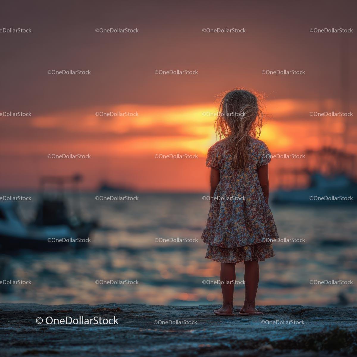 Silhouette of a Child at Sunset by the Ocean Shore Stock Photo Bundle creative preview 4