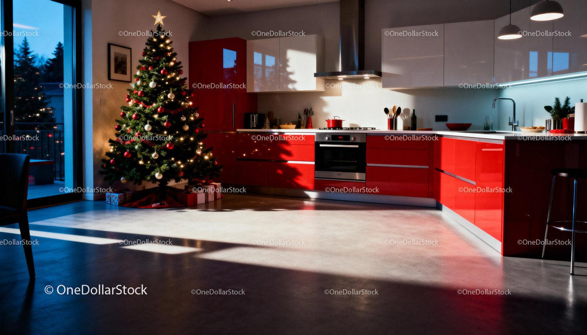 Cozy kitchen decorated with glowing Christmas tree
