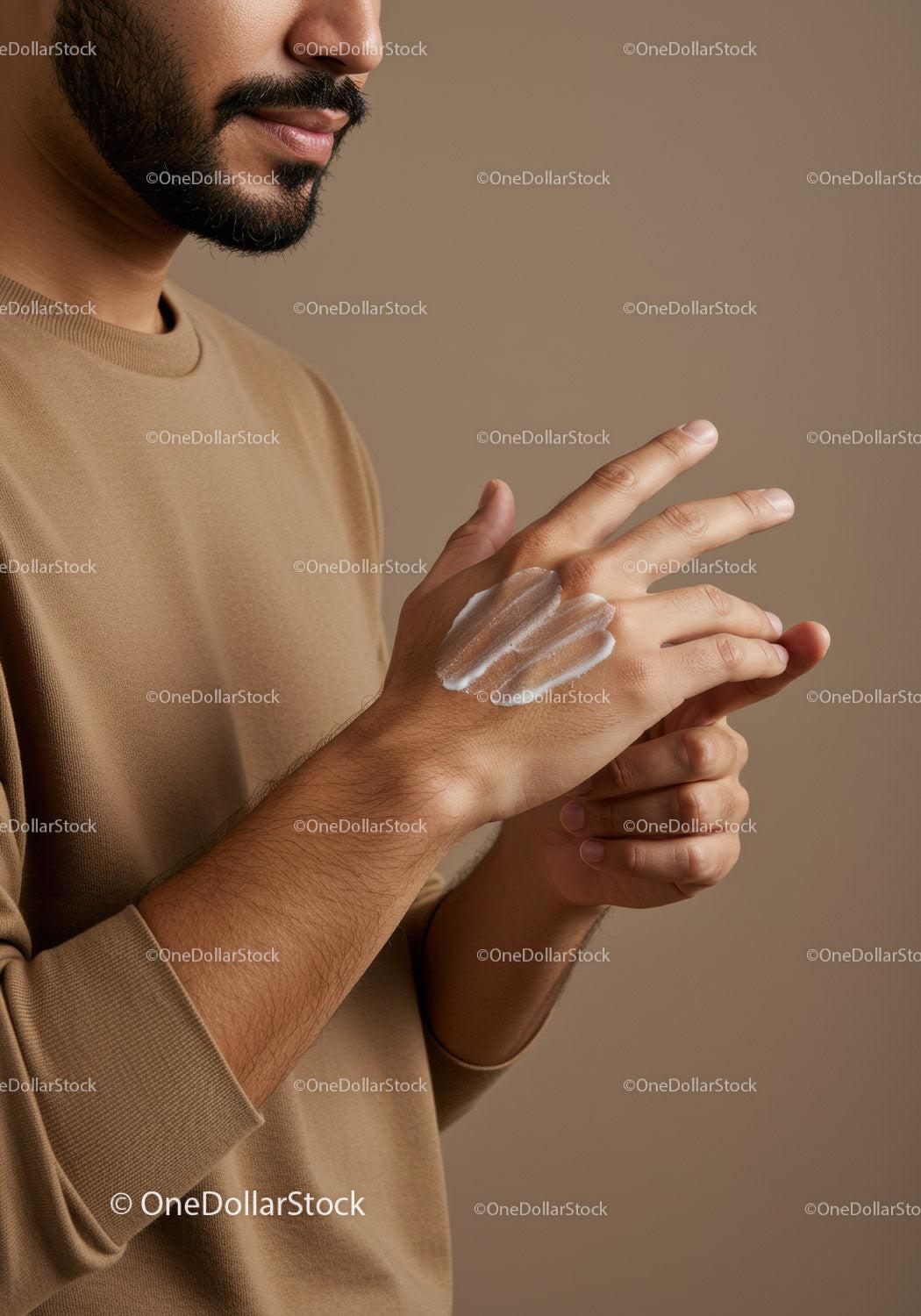 Close-Up of Man Applying Skincare Lotion to Hands for Healthy Skin
