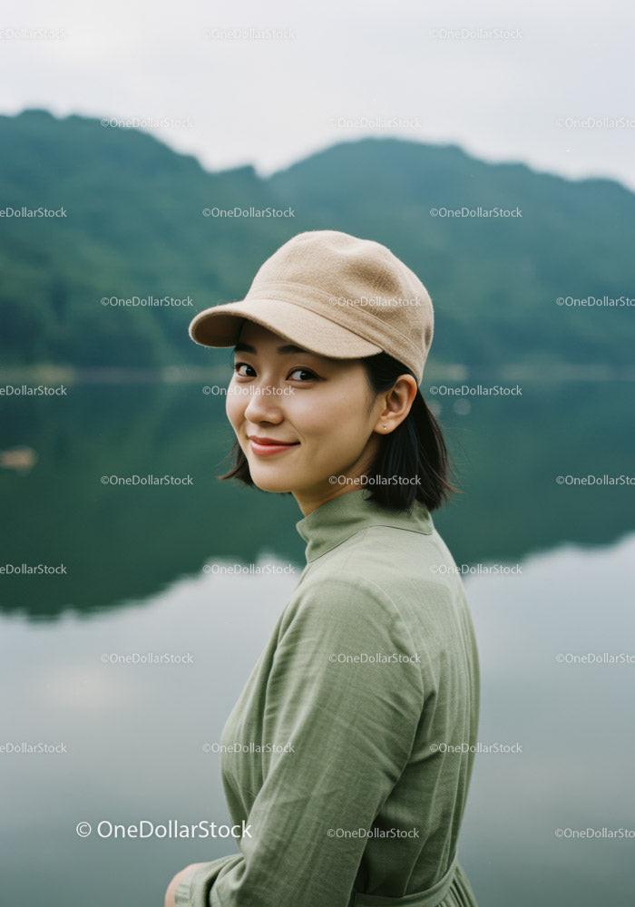 Elegant Woman in Green Jacket and Beige Cap near Lake