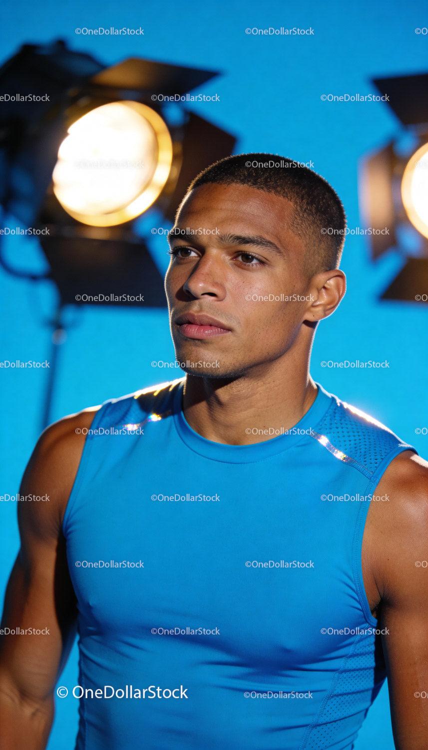 Focused Young Athlete in Blue Sportswear Under Studio Lights
