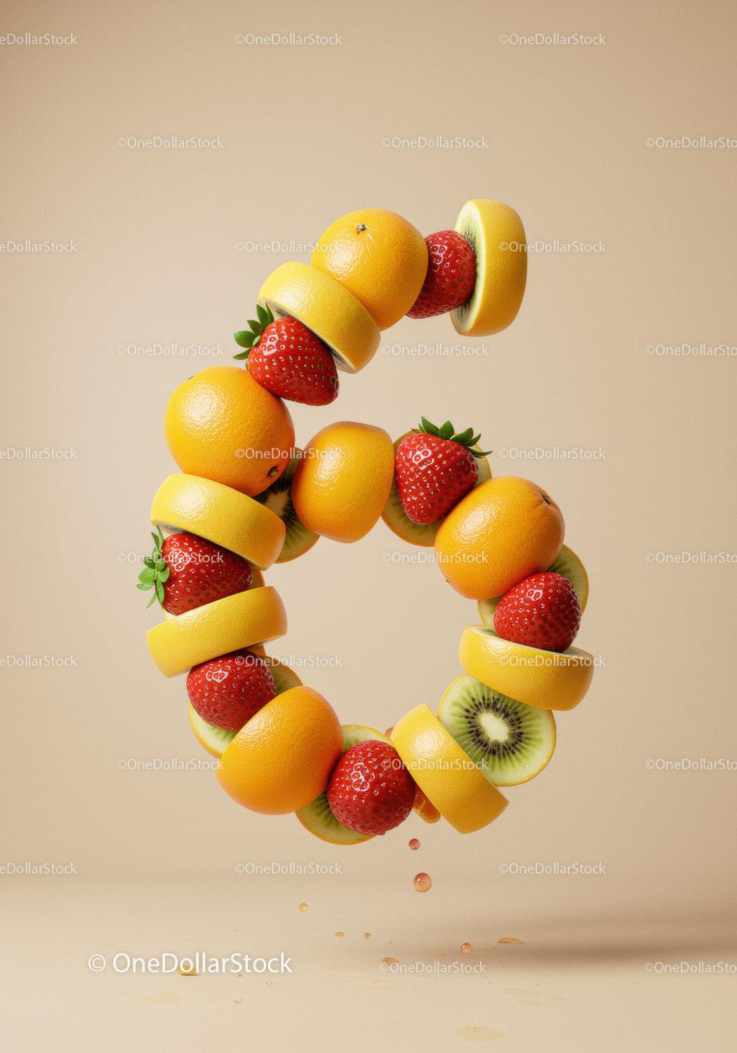 Creative Number Six Composed of Fresh Mixed Fruits