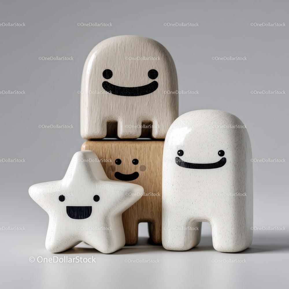 Four smiling wooden figures including three ghost shapes and one star on gray background