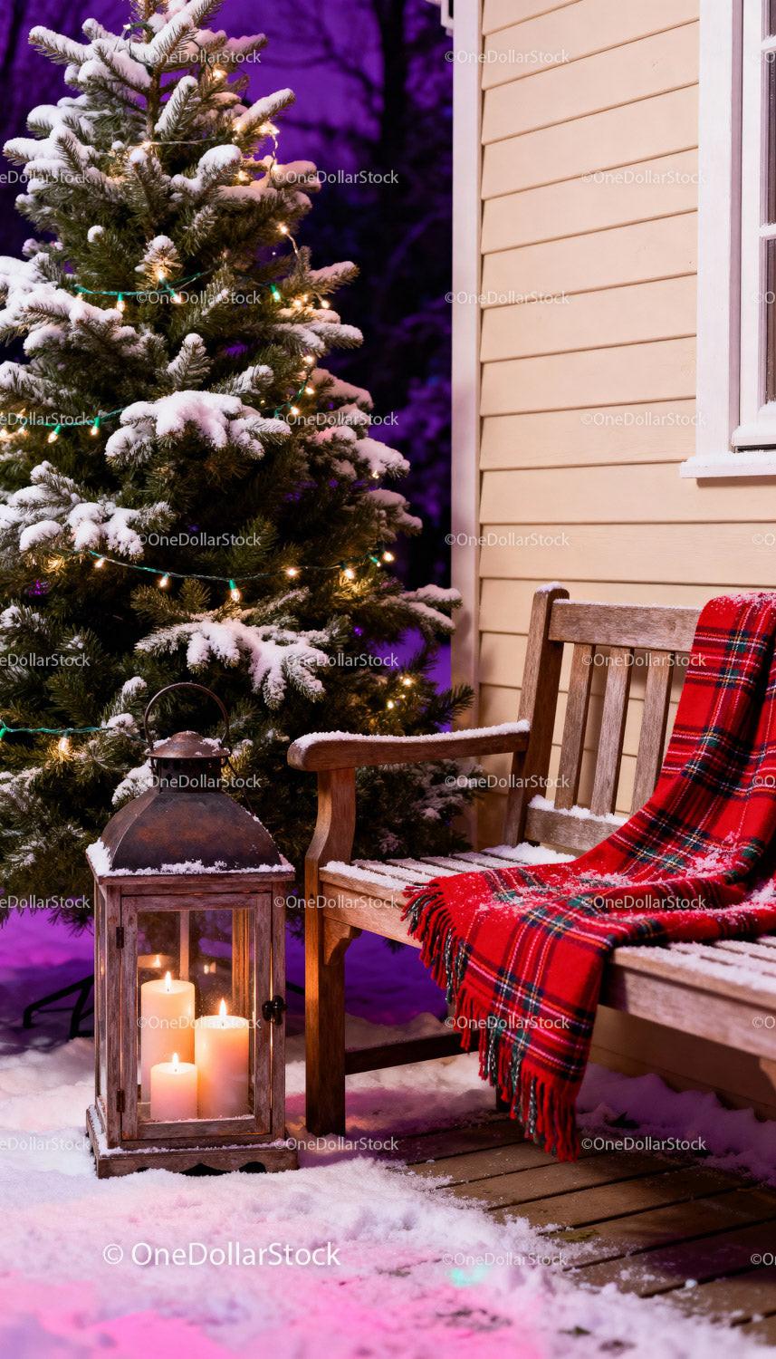 Cozy outdoor winter scene with lit Christmas tree
