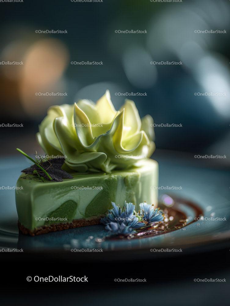 Green Matcha Cake with Chocolate Base and Artistic Garnish Stock Photo Bundle preview 6