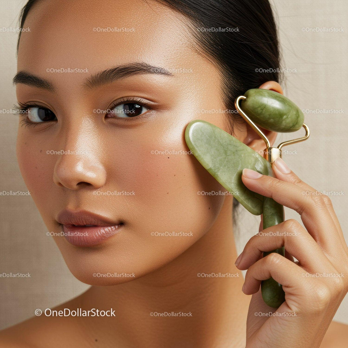 Young Asian Woman Using Jade Gua Sha for Facial Skincare with Green Stones