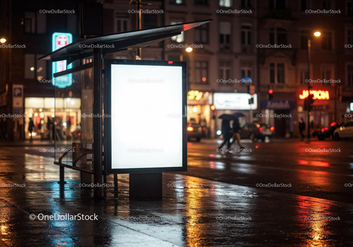 Nighttime Urban Bus Stop Shelter with Bright Advertisement Panel JPG Mockup Image preview