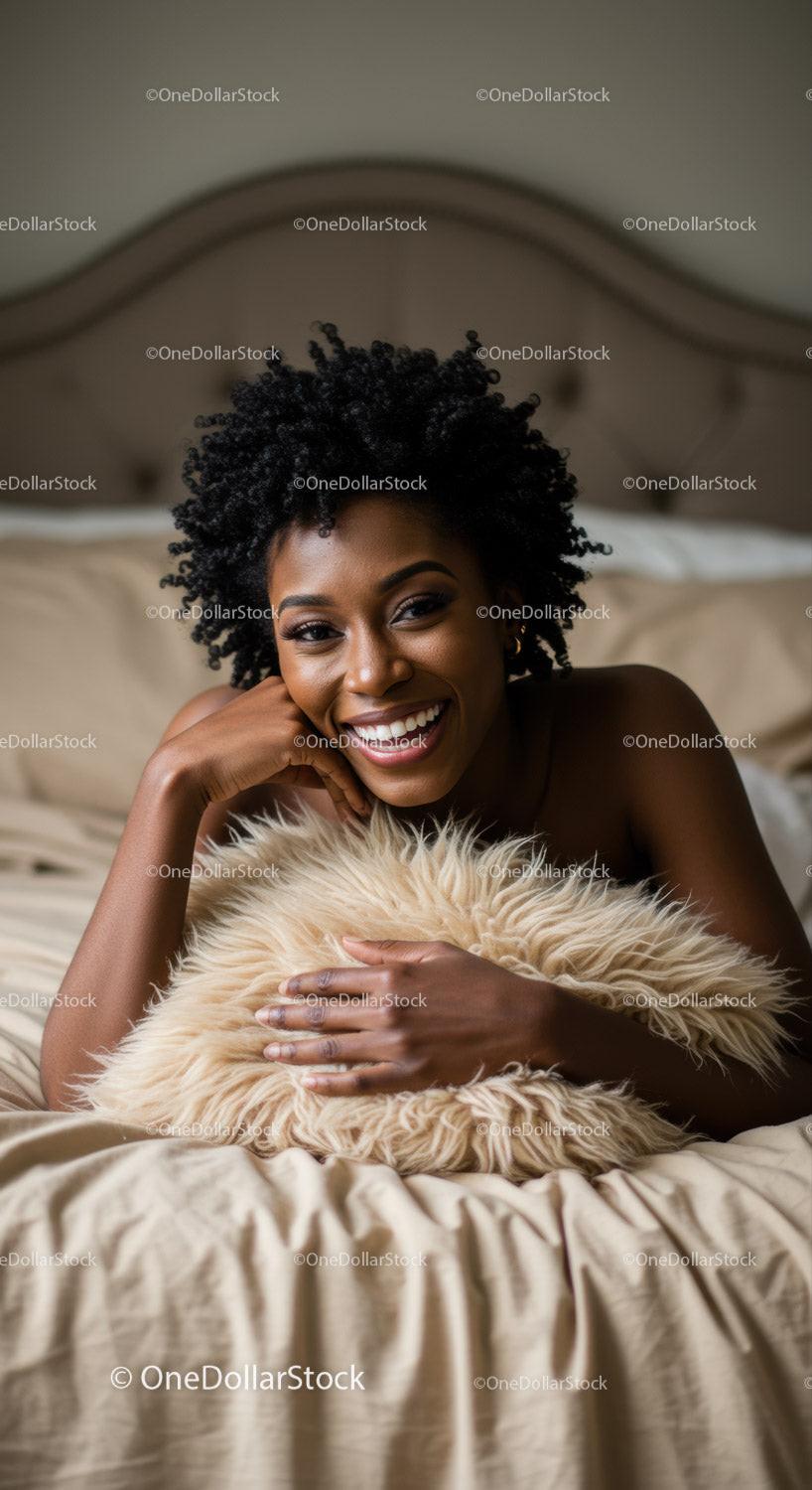 Smiling woman relaxing on bed with fluffy pillow