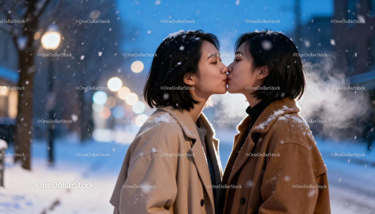 Couple Sharing a Tender Kiss on Snowy Winter Evening