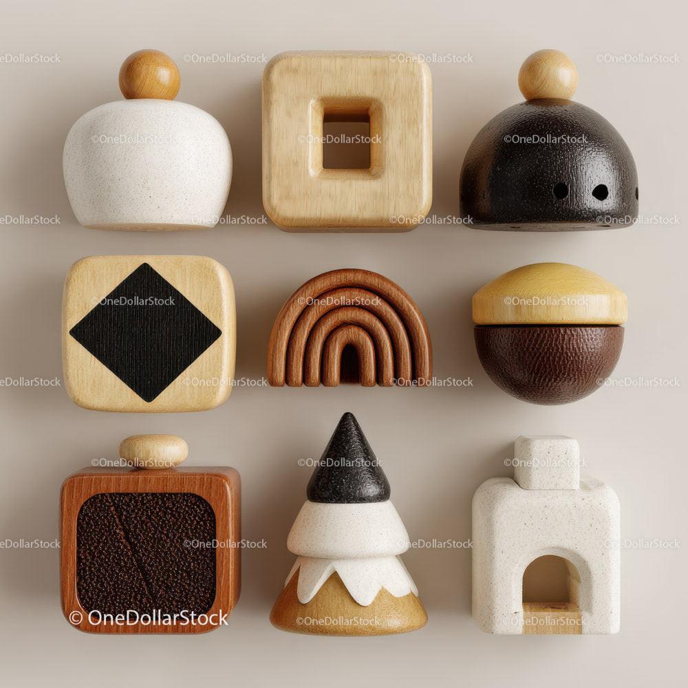 Assorted wooden decorative objects with geometric shapes arranged in a grid on a neutral surface