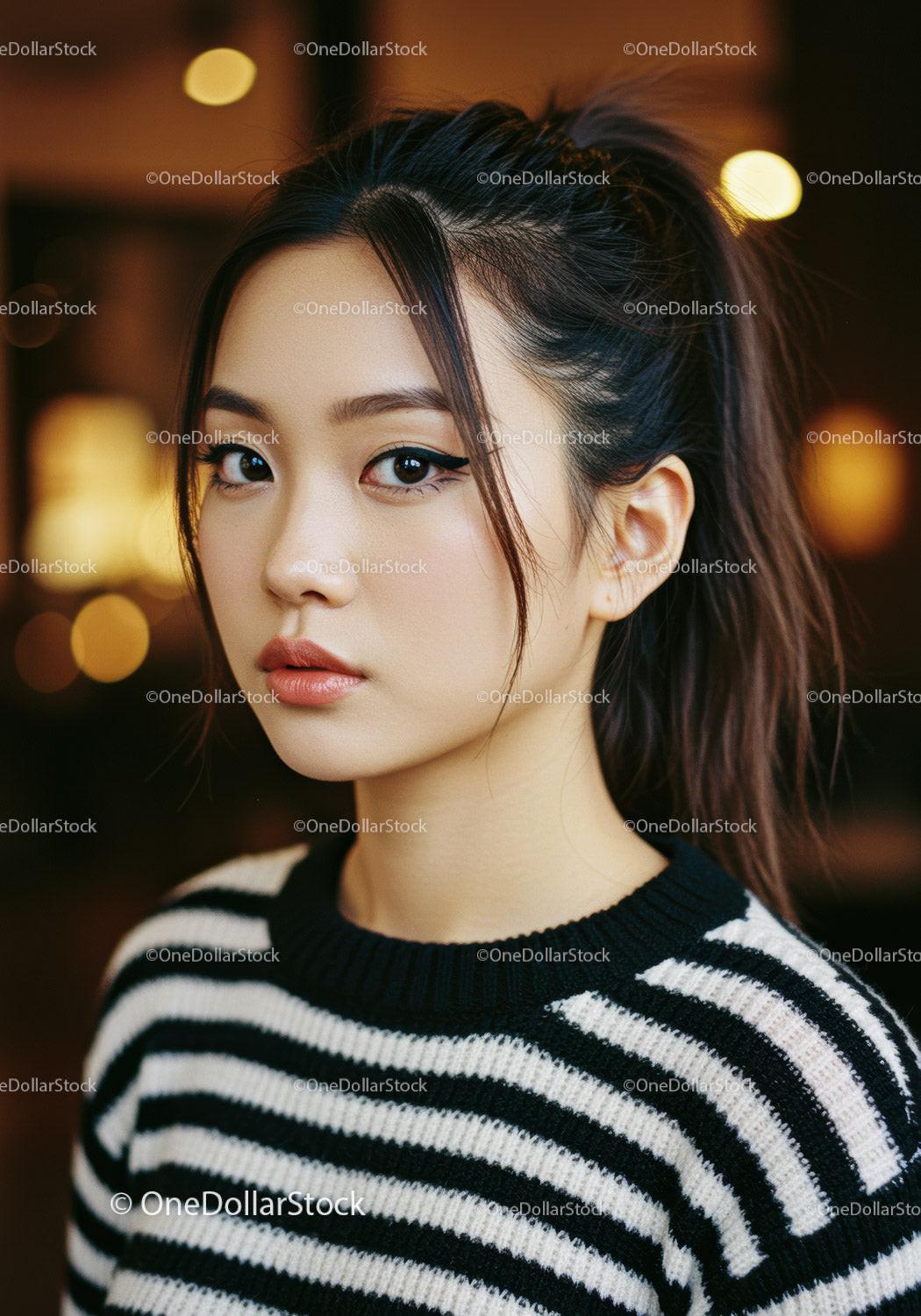 Elegant Young Woman with Trendy Makeup in Casual Sweater