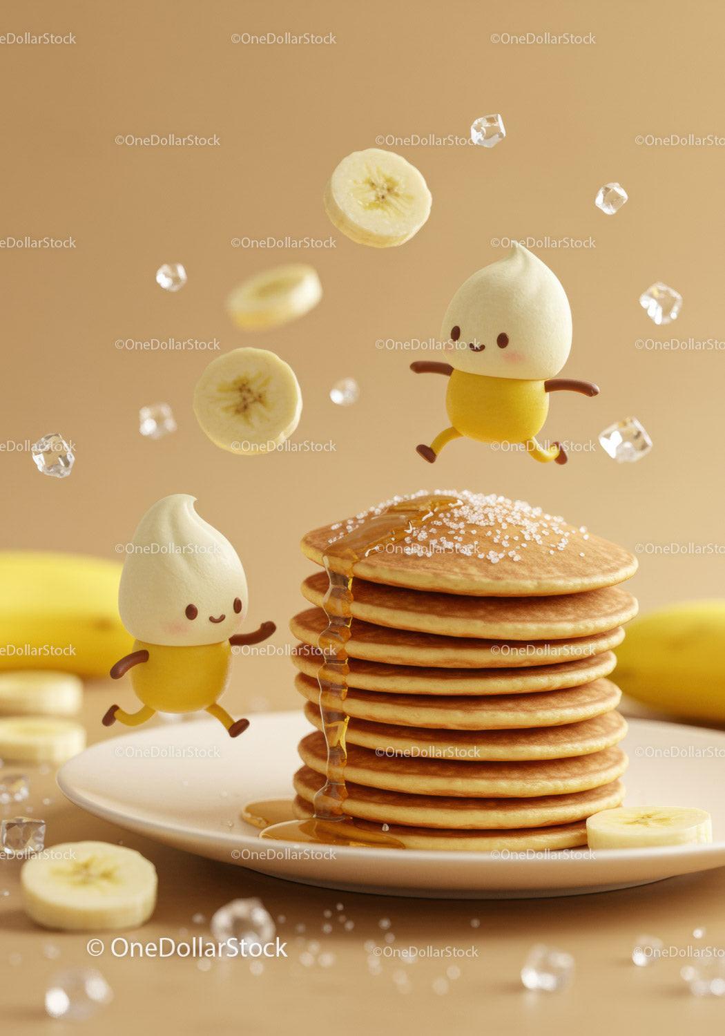 Playful Pancake Stack with Animated Characters and Bananas