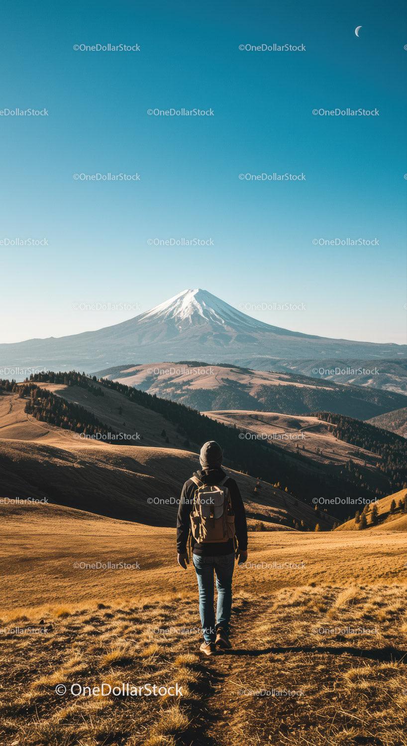 Scenic Mountain Landscape with Hiker Approaching Snow-Capped Peak