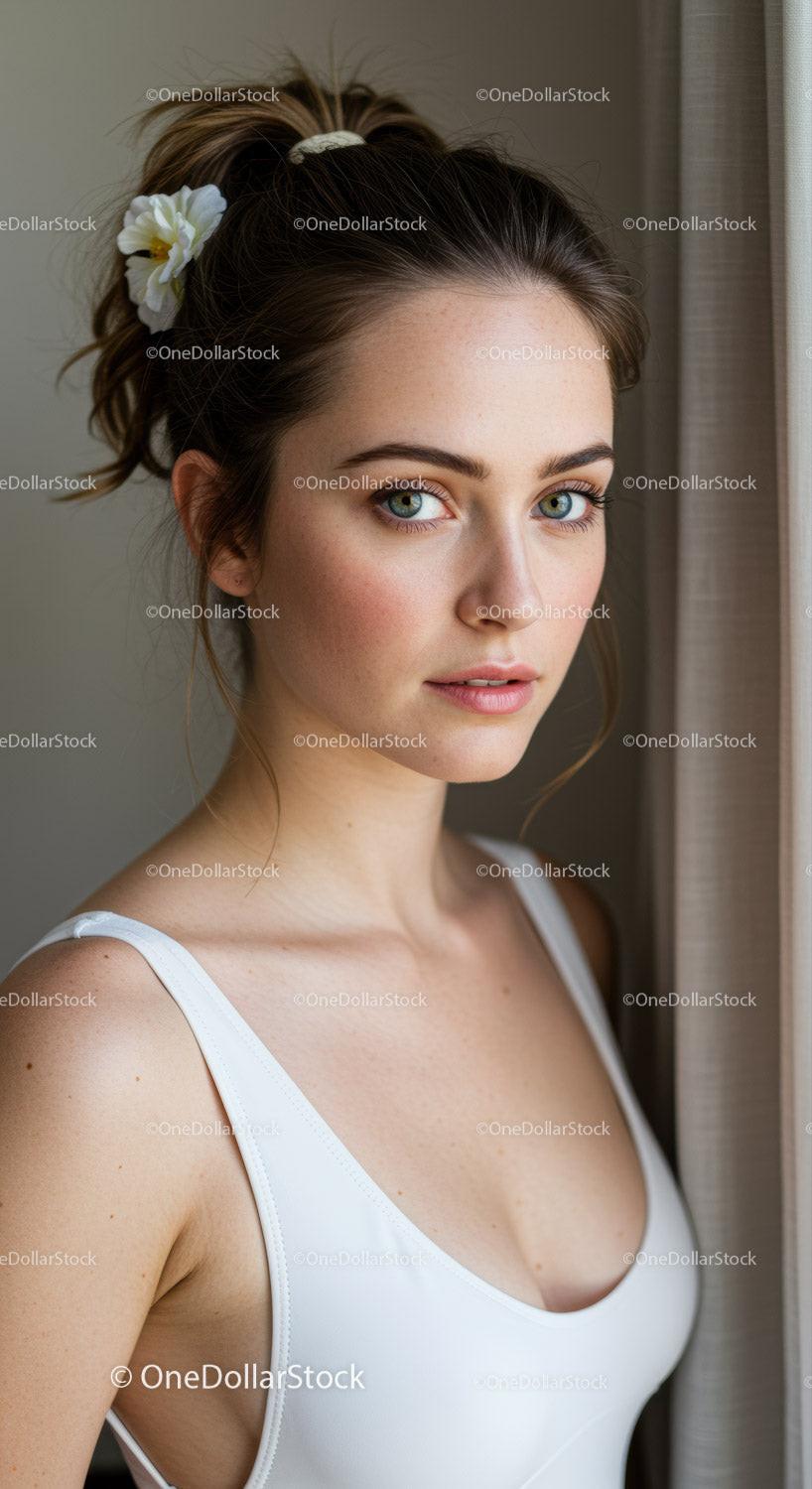 Portrait of a Young Woman with Blue Eyes and Freckles by a Window
