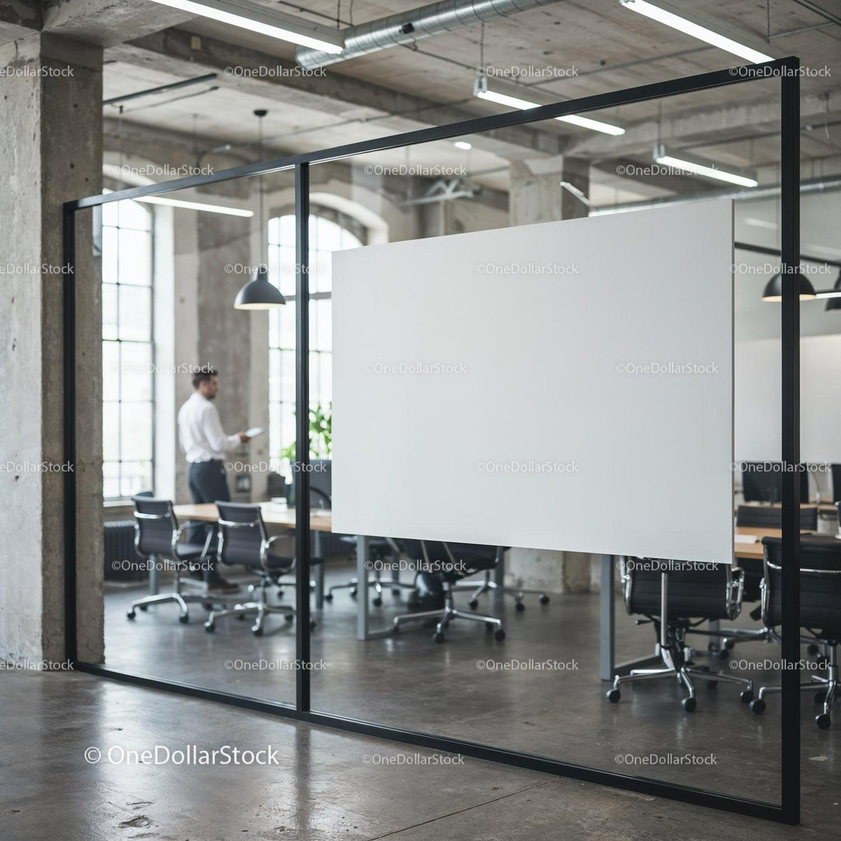 Modern industrial office with blank glass presentation board JPG Mockup Image preview