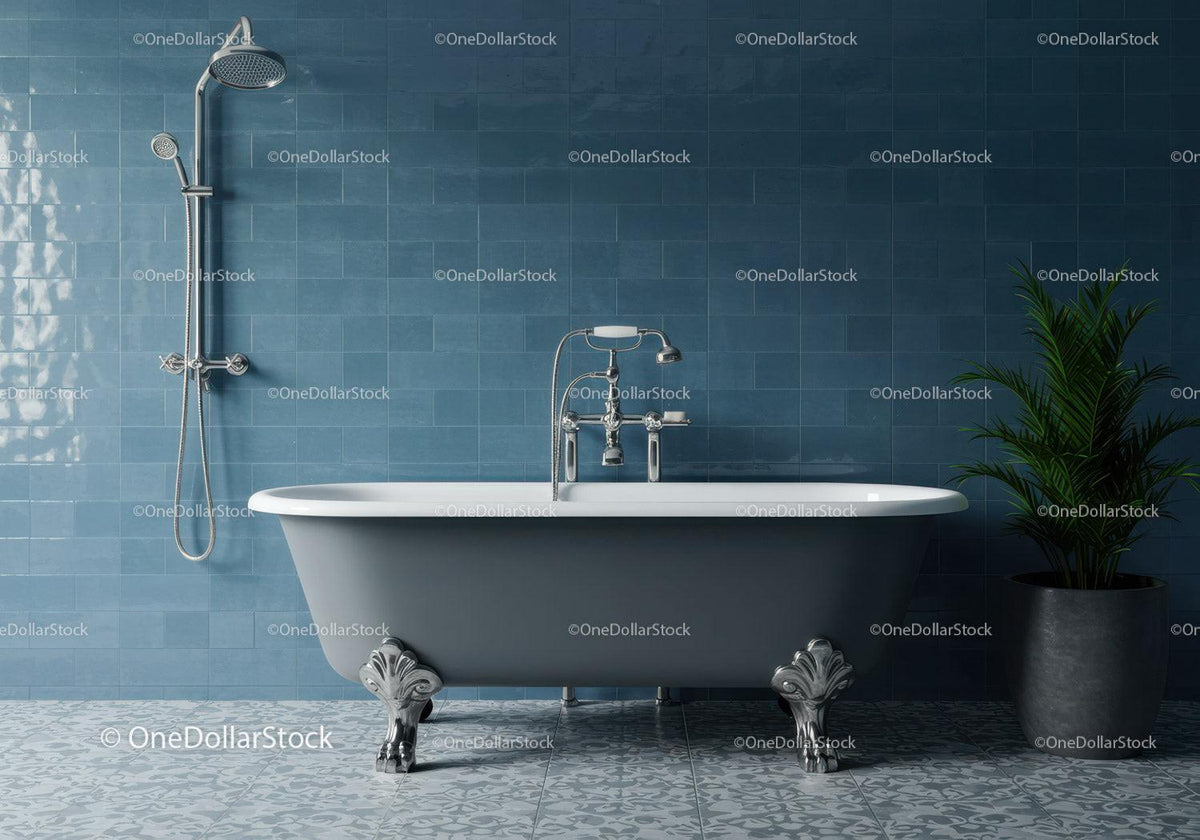 Vintage clawfoot bathtub with modern shower and plant