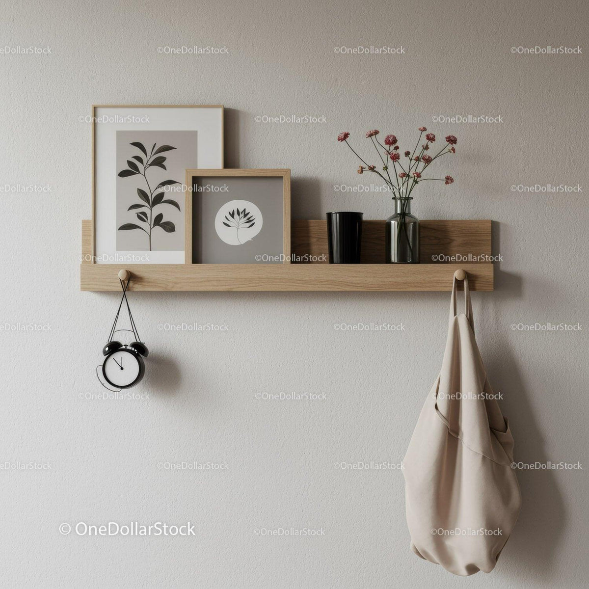 Decorative Wooden Shelf with Vases and Art Prints in Modern Interior