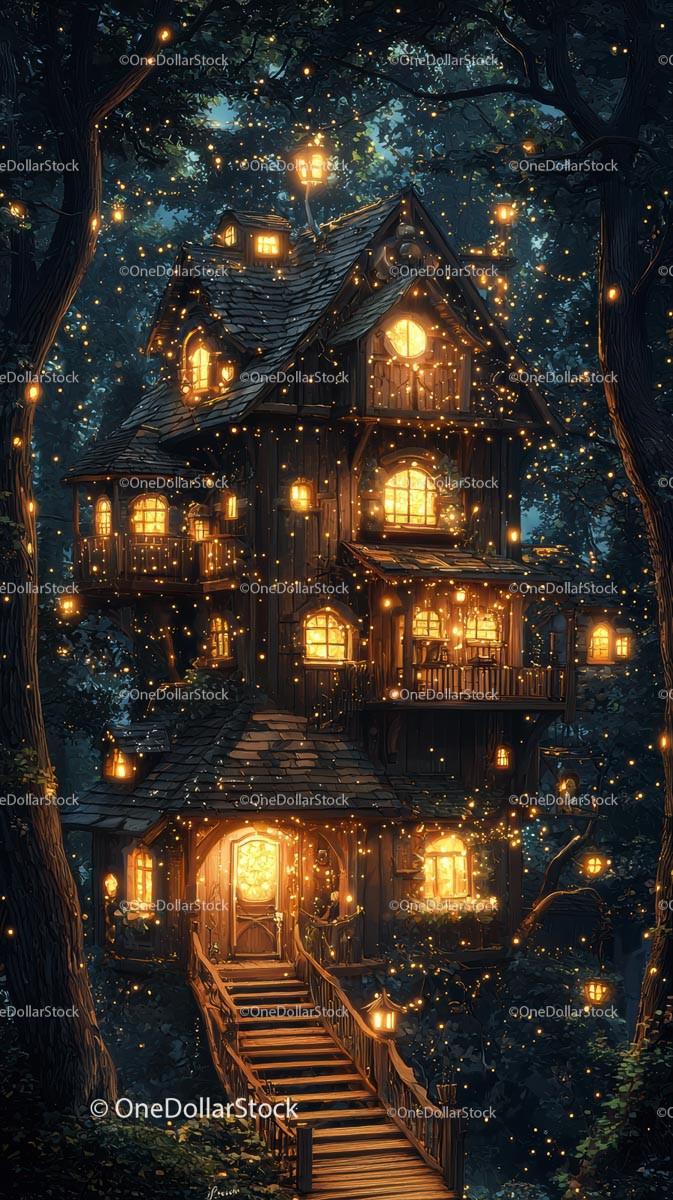 Whimsical Fairy Tale Treehouse Lit Up in Enchanting Forest Night