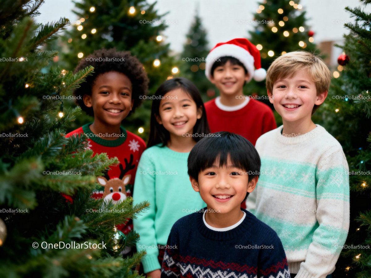 Smiling multicultural kids celebrating Christmas together