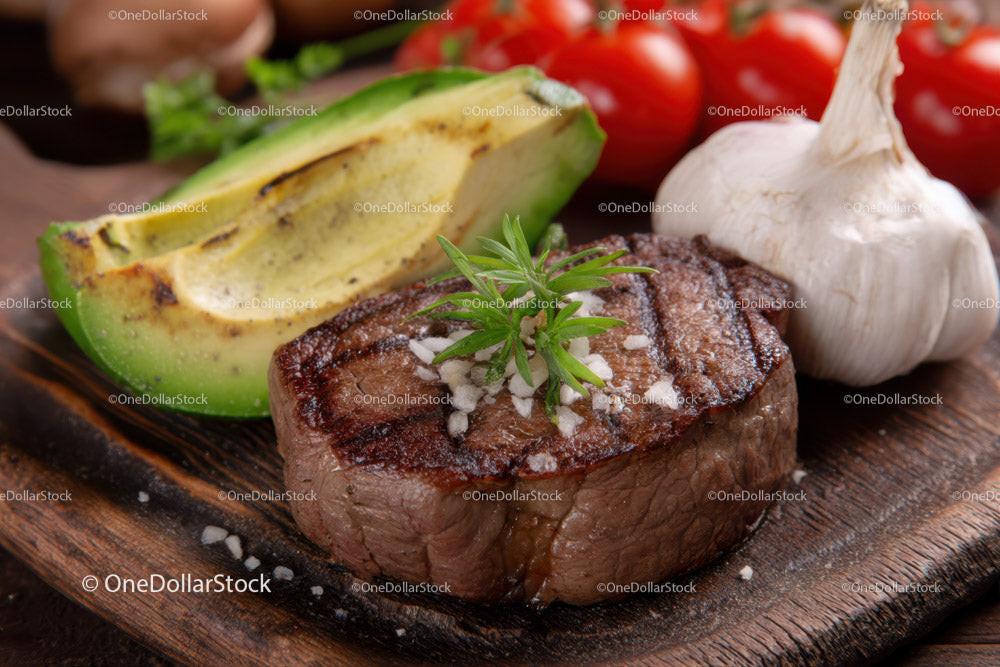 Juicy Grilled Steak with Fresh Avocado and Garlic on Rustic Board Stock Photo Bundle preview 22