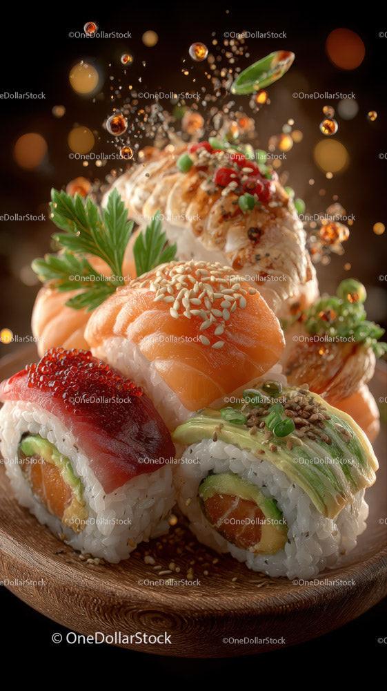 Colorful Sushi Platter with Salmon Tuna Eel and Vegetables Stock Photo Bundle preview 14