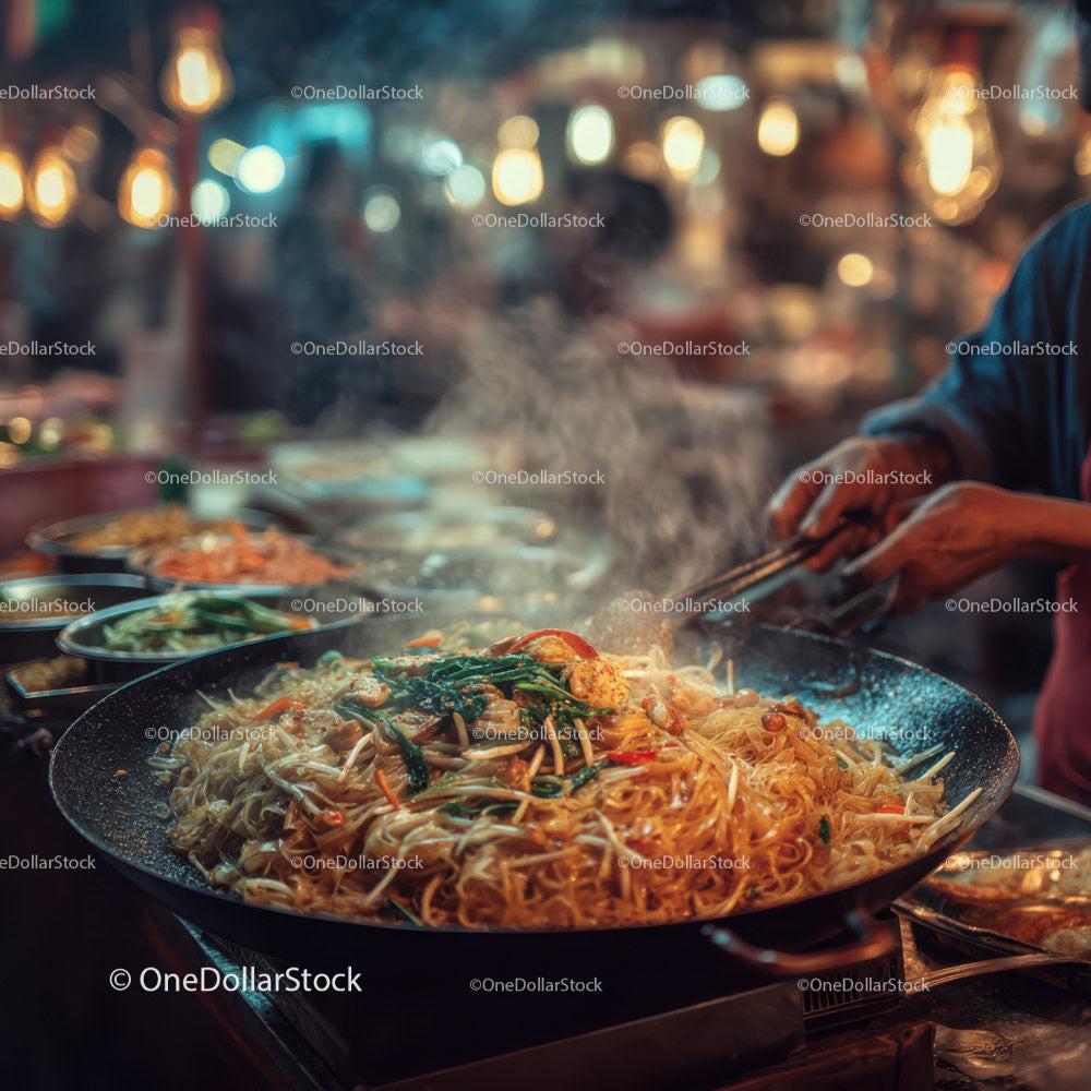 Stir-fried Noodles in a Street Market with Bustling Atmosphere Stock Photo Bundle preview