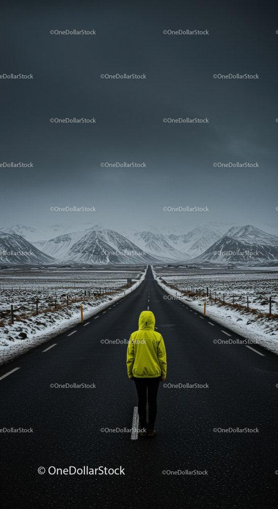 stock photo bundle made with Lonely Traveler in Yellow Jacket on Snow-Covered Road Stock Photo Bundle