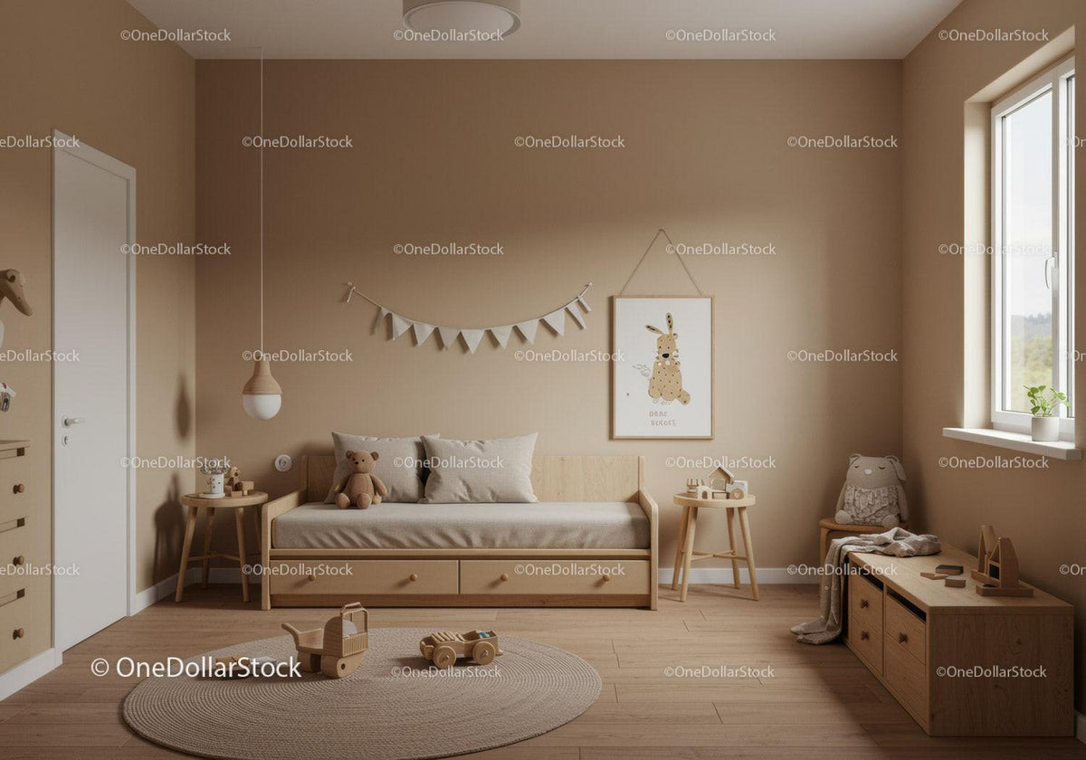 Cozy Kids Bedroom with Natural Wooden Furniture and Soft Decor