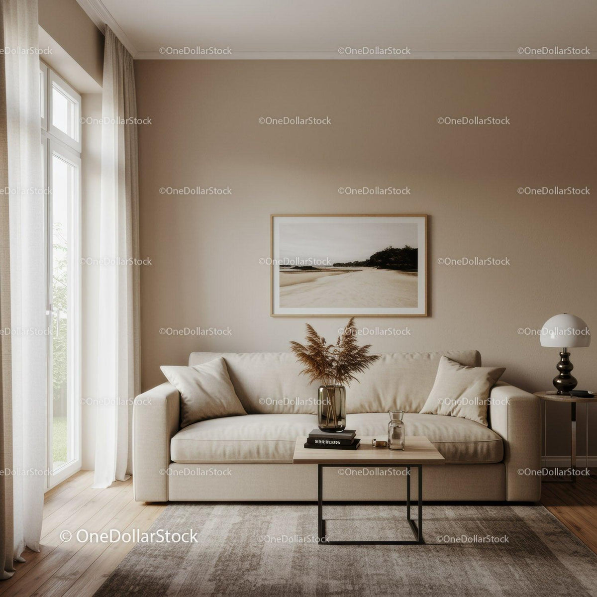 Elegant Modern Living Room with Beige Sofa and Wall Art