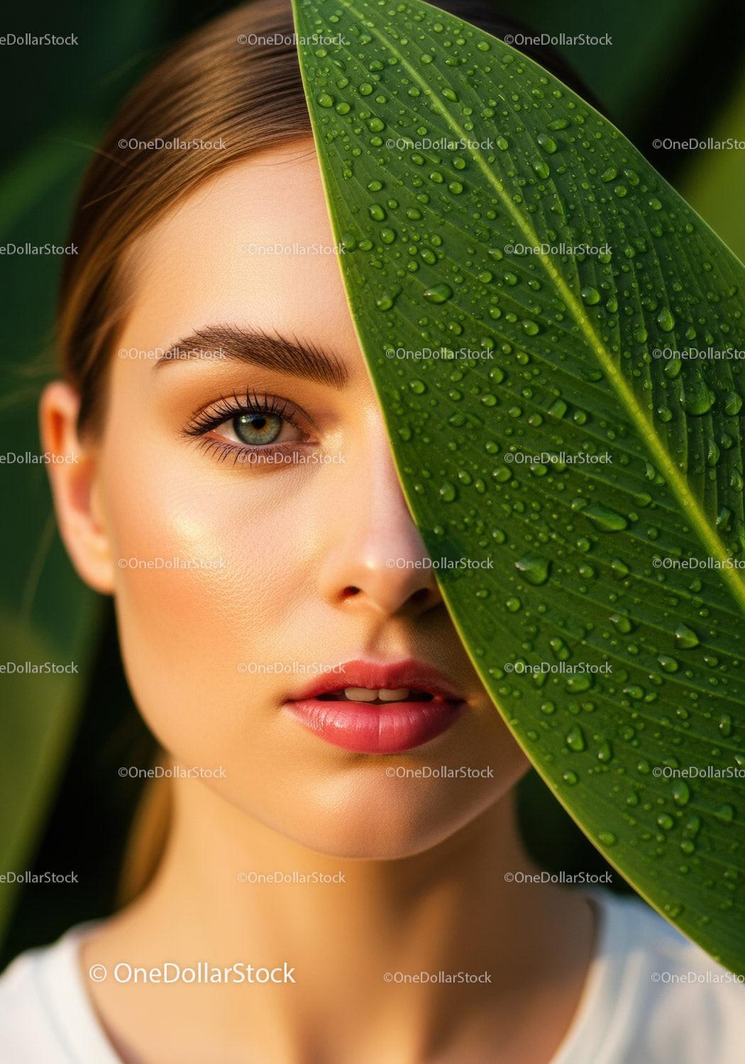 Close-Up of a Woman with Green Leaf and Water Droplets in Natural Setting