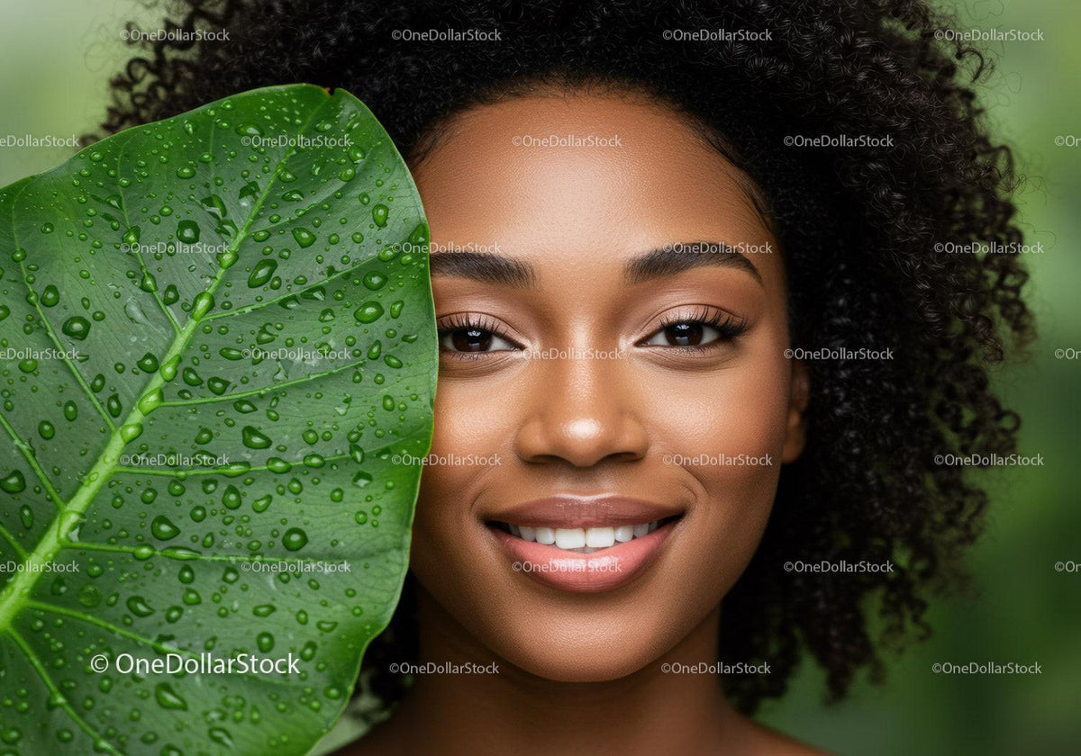 Vibrant Portrait of a Smiling Woman with Curly Hair and Tropical Leaf