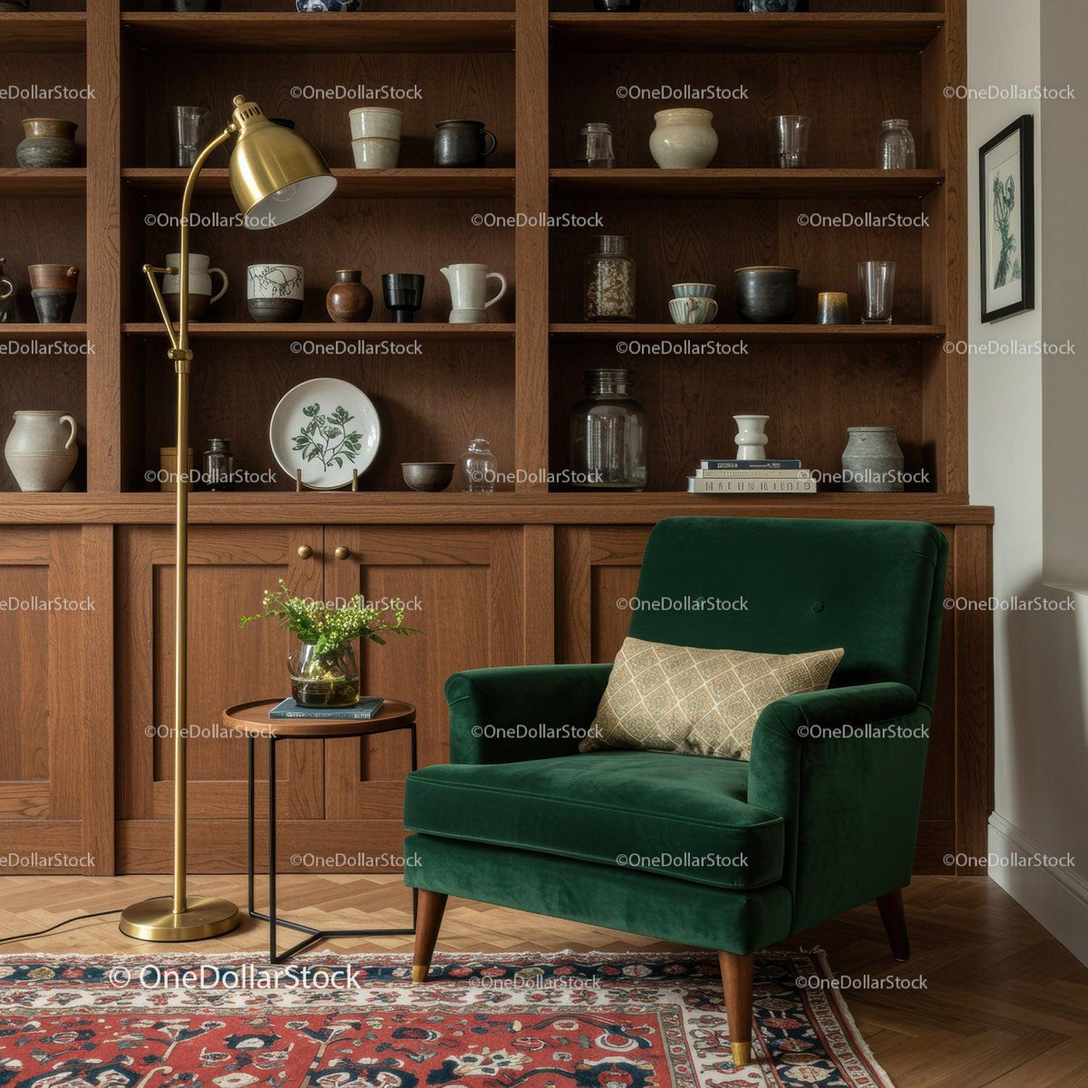 Cozy reading corner with green velvet armchair