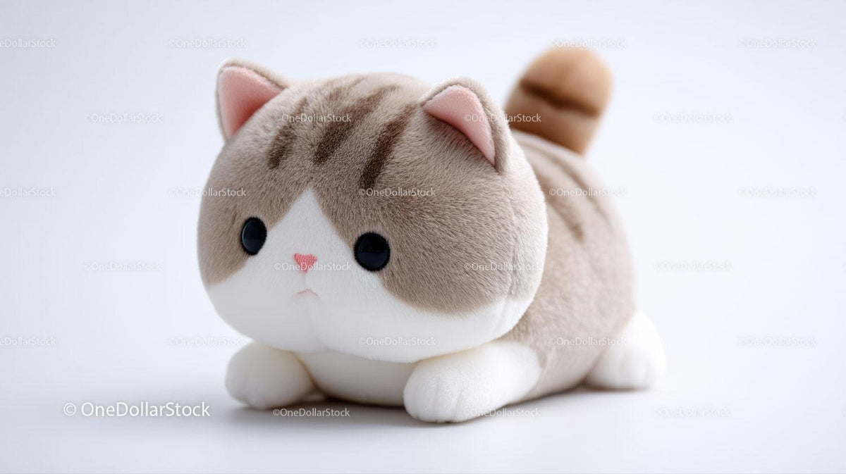 Soft plush toy cat with brown and white fur and curled tail
