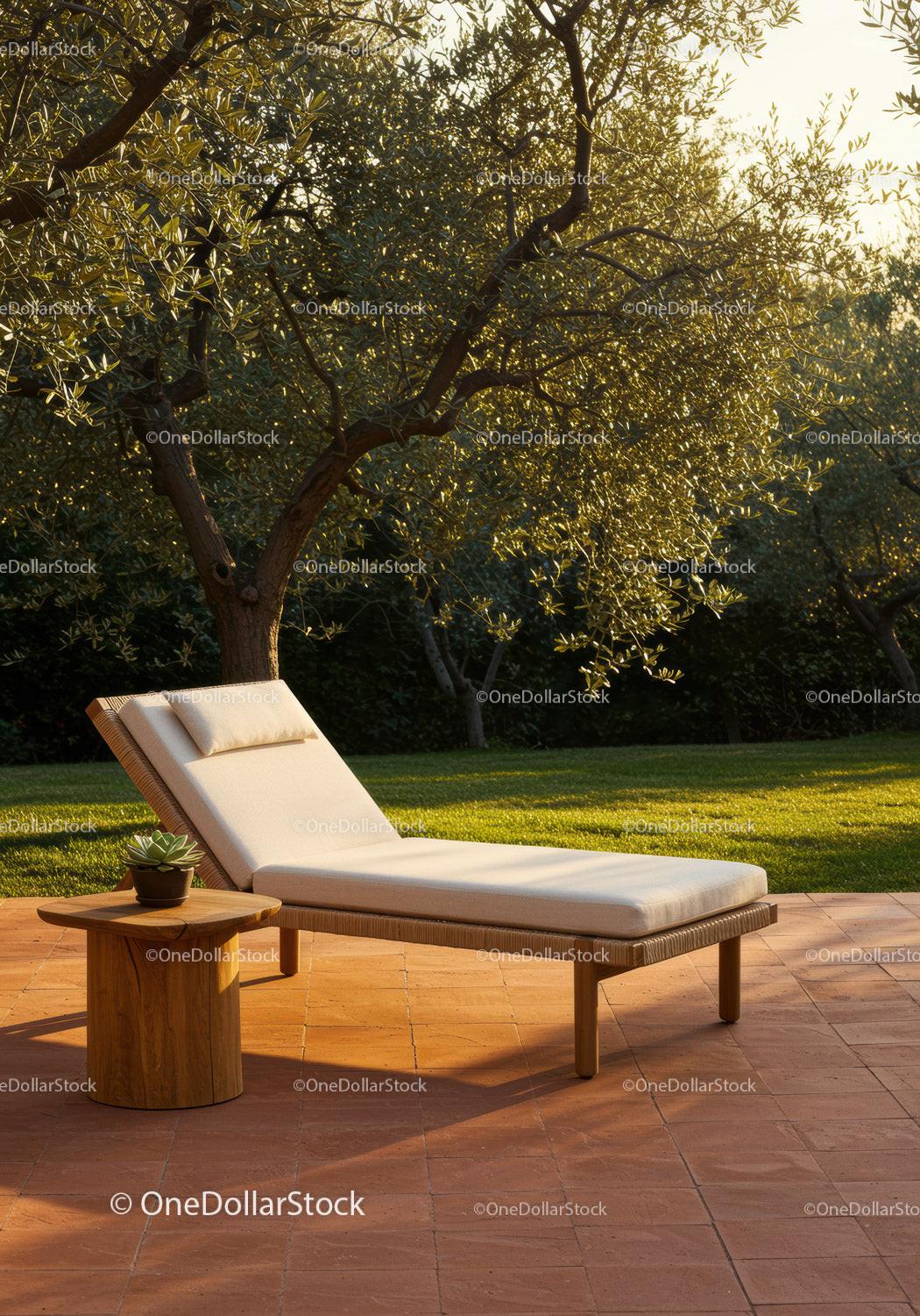 Elegant Sunlit Garden Lounge Chair with Side Table and Succulent