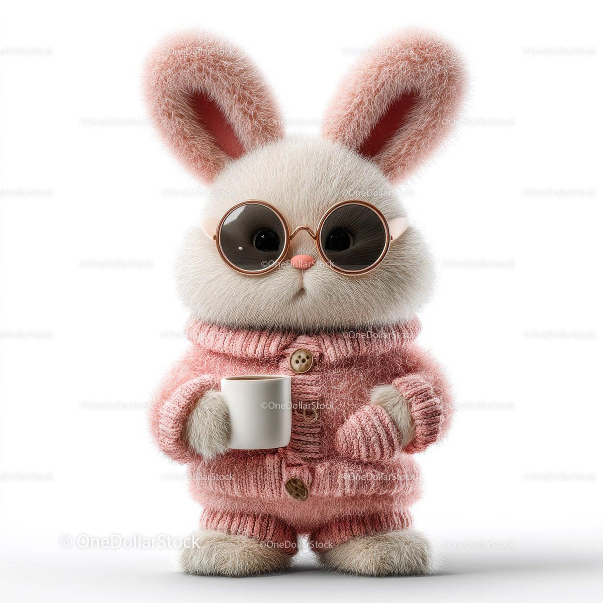 Cute Bunny Wearing Sunglasses and Cozy Pink Sweater Holding Coffee Mug Stock Photo Bundle preview 5