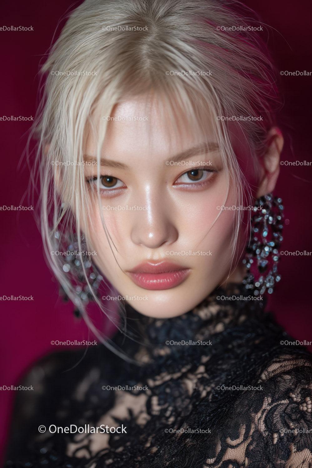 Glamorous Blonde Woman with Lace Dress and Chic Accessories