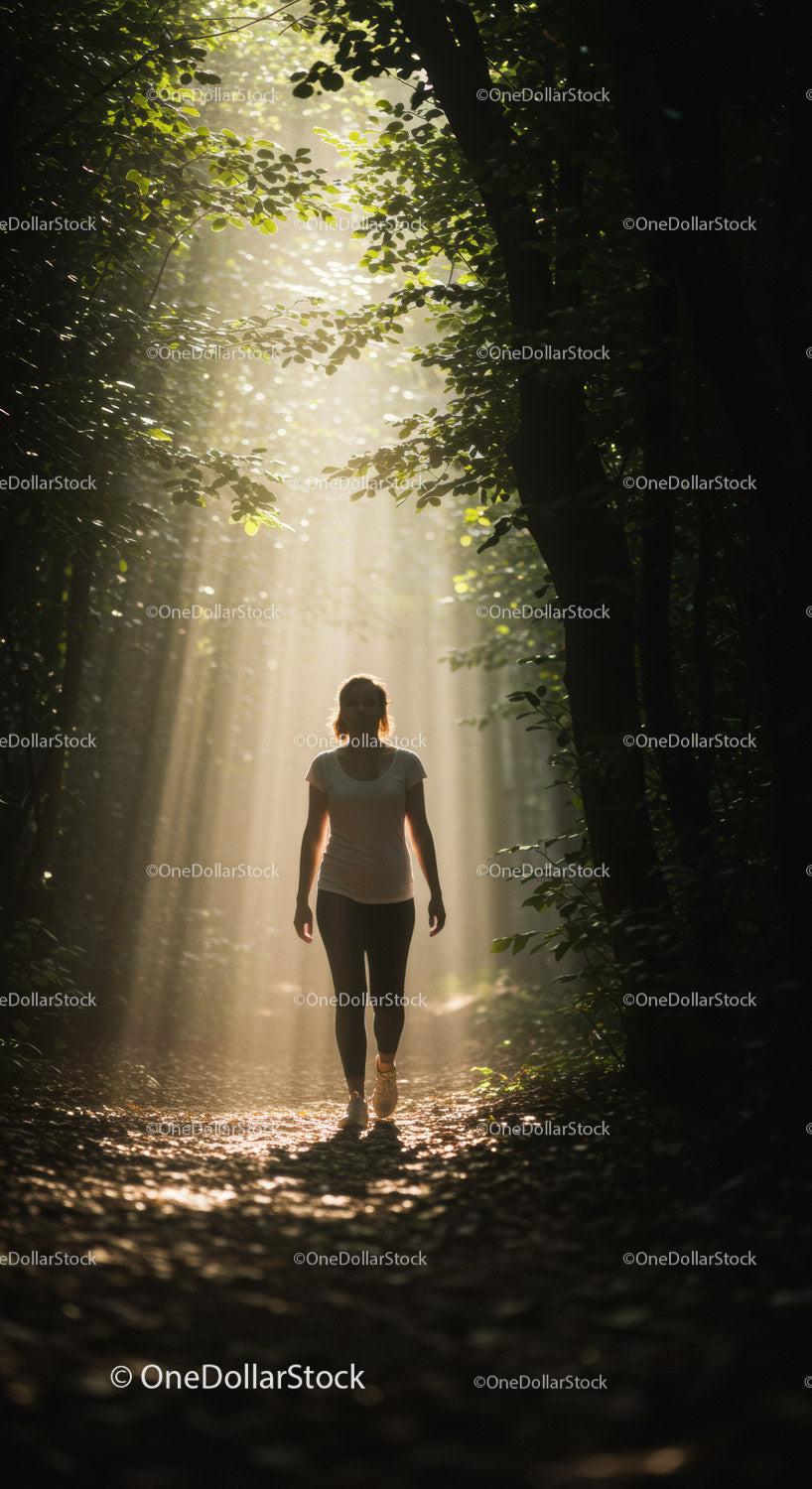 Woman Walking Through Sunlit Forest Path