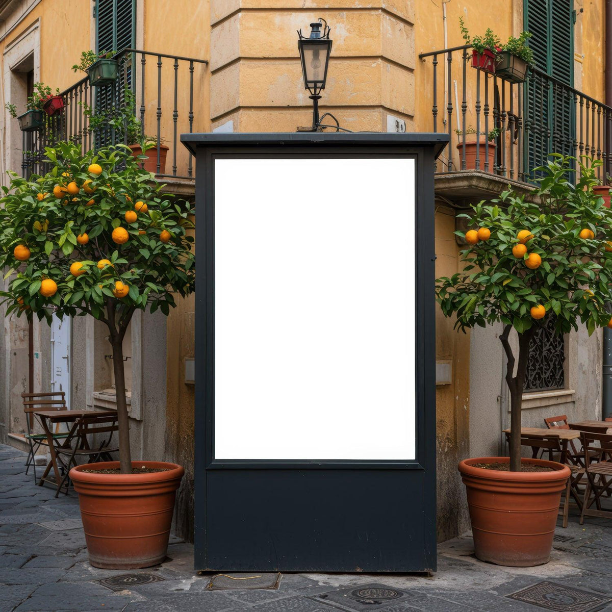 Urban street corner with blank billboard and orange trees JPG Mockup Image preview