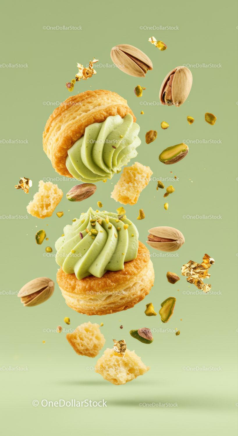 Pistachio Cream Pastries with Crumbled Nuts in Air