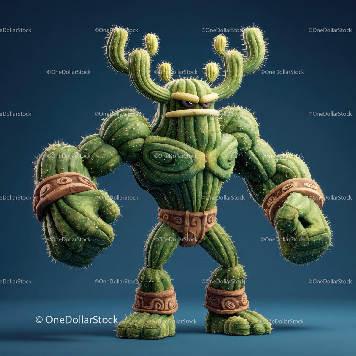 stock photo bundle made with Vibrant Green Anthropomorphic Cactus Character with Muscular Build Stock Photo Bundle