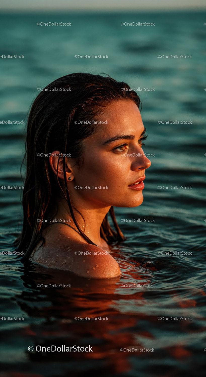 Woman Relaxing in the Ocean at Sunset with Warm Lighting Stock Photo Bundle preview 11
