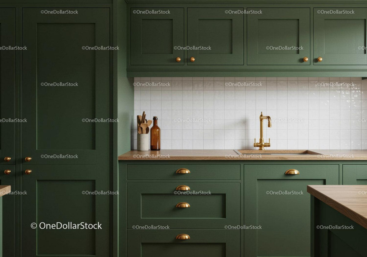 Elegant Green Kitchen Cabinets with Brass Sink Faucet and Wooden Countertop