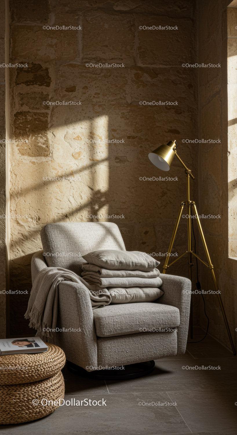 Cozy armchair with folded blankets near vintage lamp