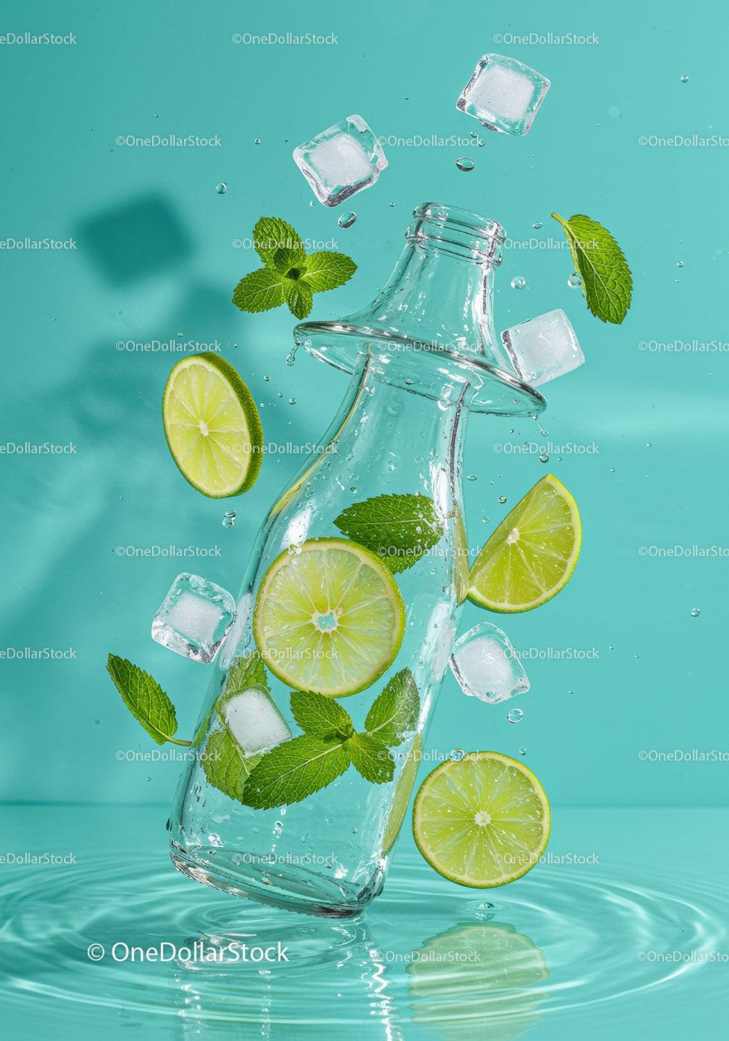 Refreshing water bottle with lime slices and mint leaves