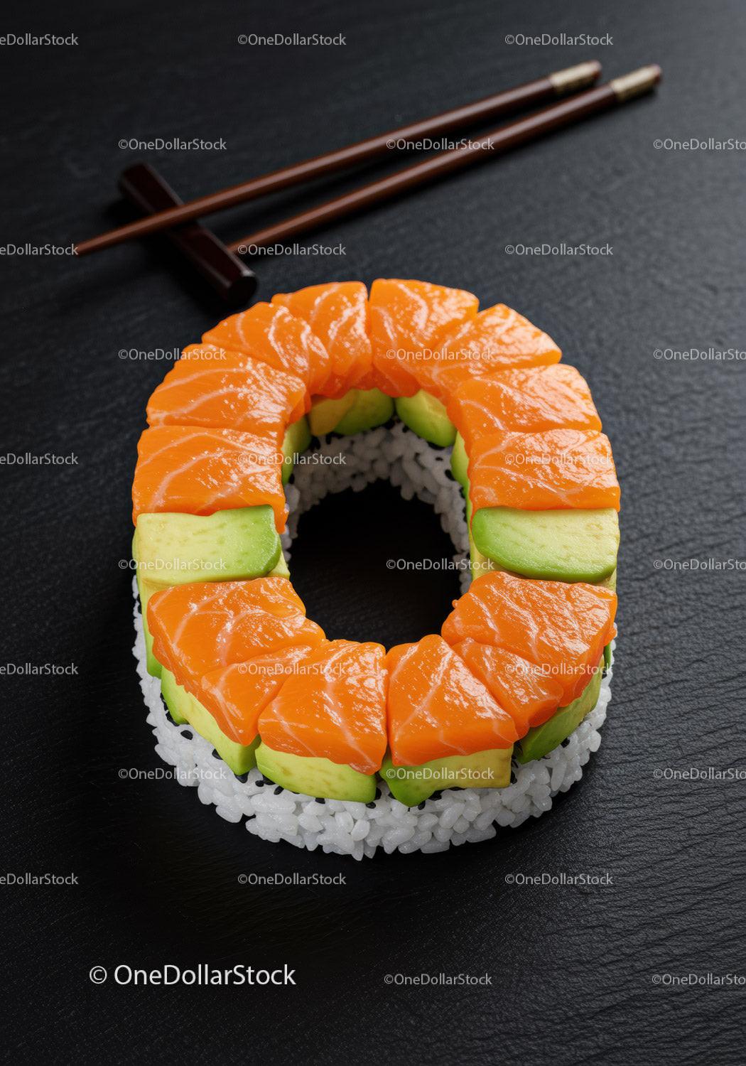 Fresh salmon and avocado sushi ring on black surface